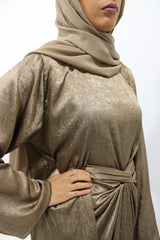 Luxor gold crushed satin four-piece open abaya set shown front-on with kimono abaya, inner dress and wrap skirt