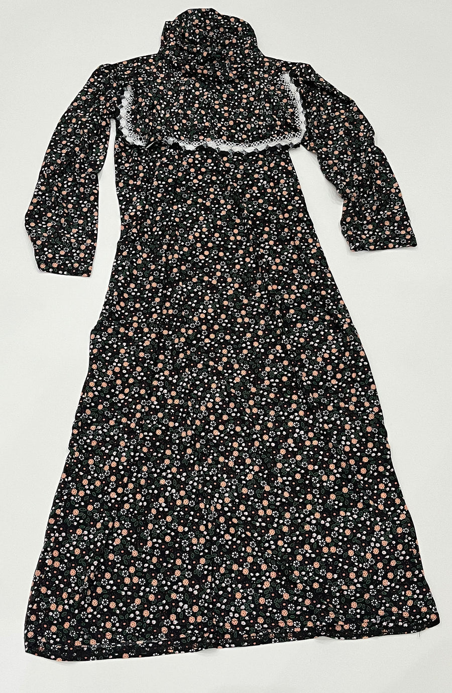 Multi-colour girls' jersey prayer dress with attached hijab, full-length view