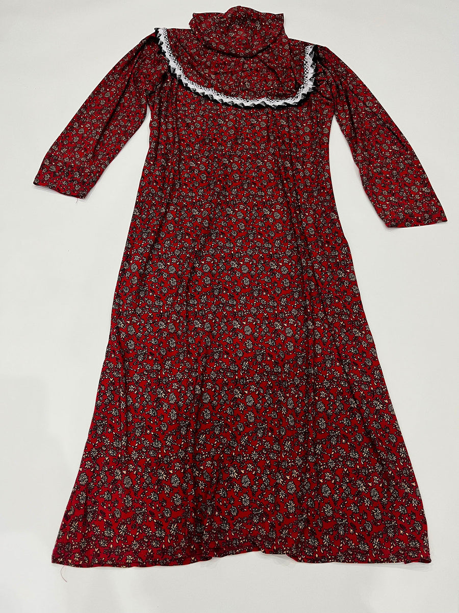 Red girls' jersey prayer dress with attached hijab, full-length view
