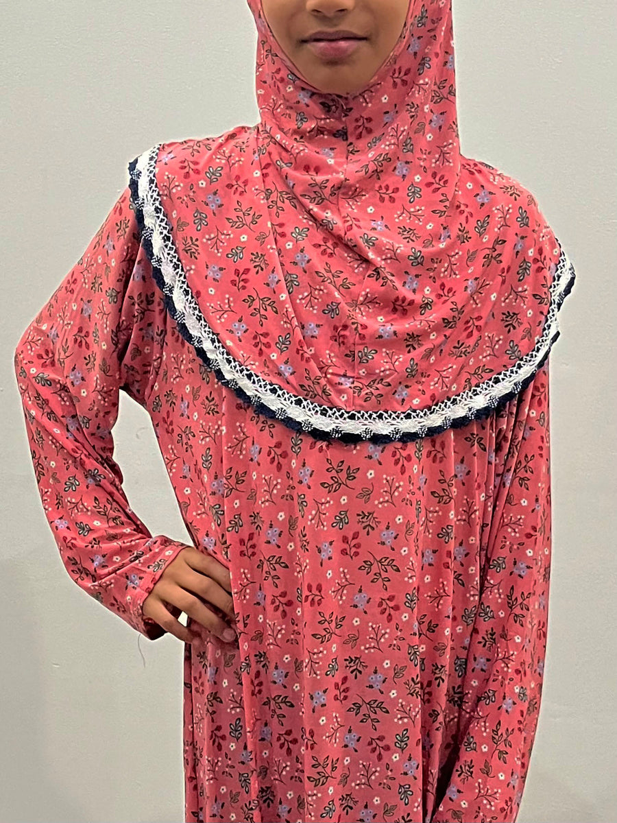 Pink rose girls' prayer dress with attached hijab, full-length view