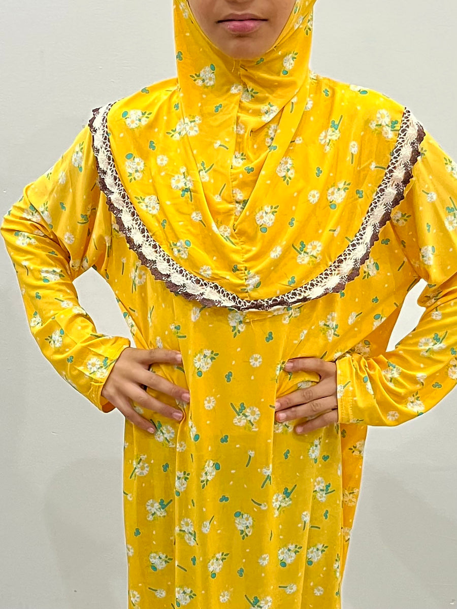 Tuscany yellow girls' prayer dress with attached hijab, full-length view