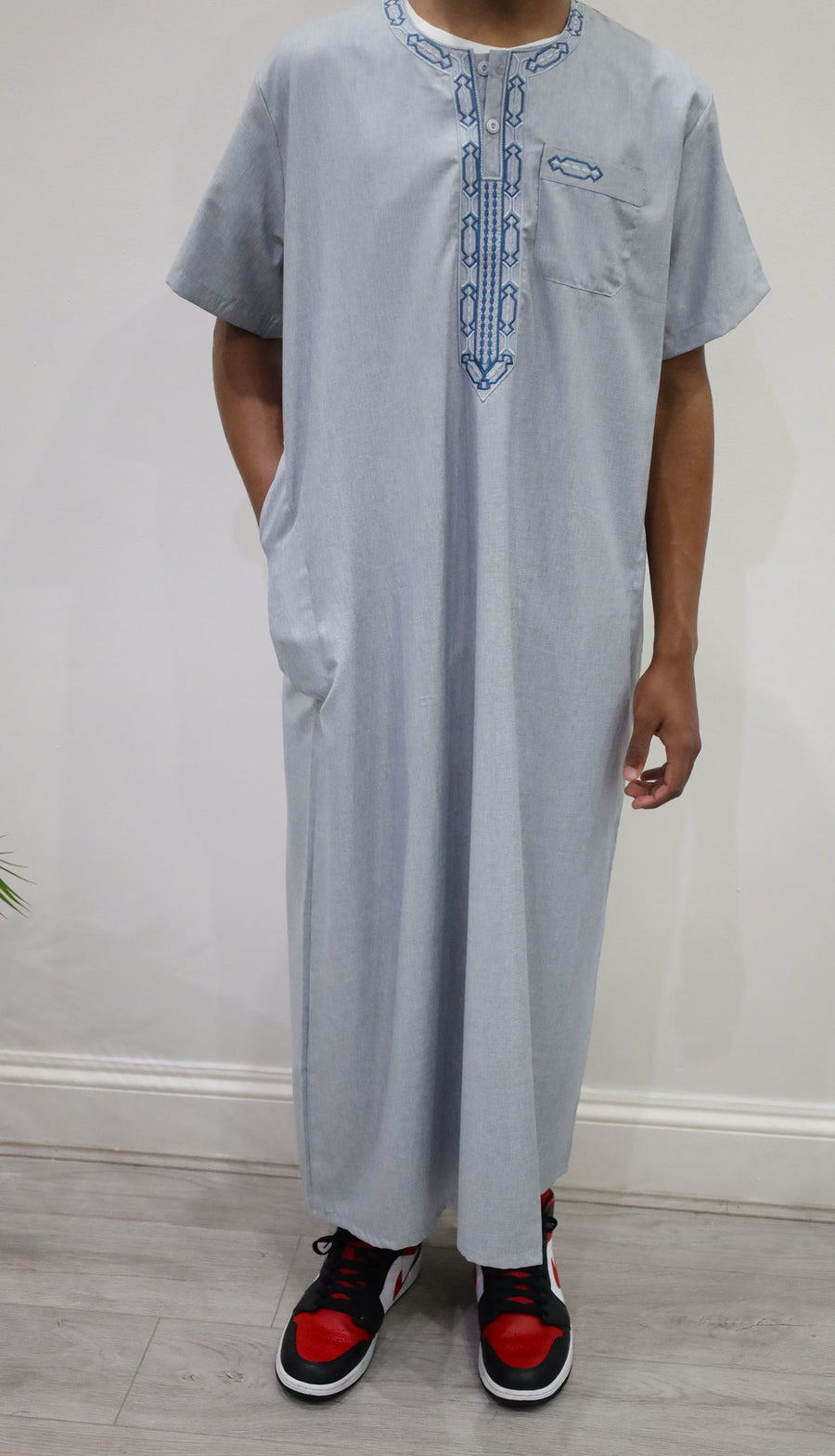 Older boys bluish grey Moroccan thobe embroidery detail