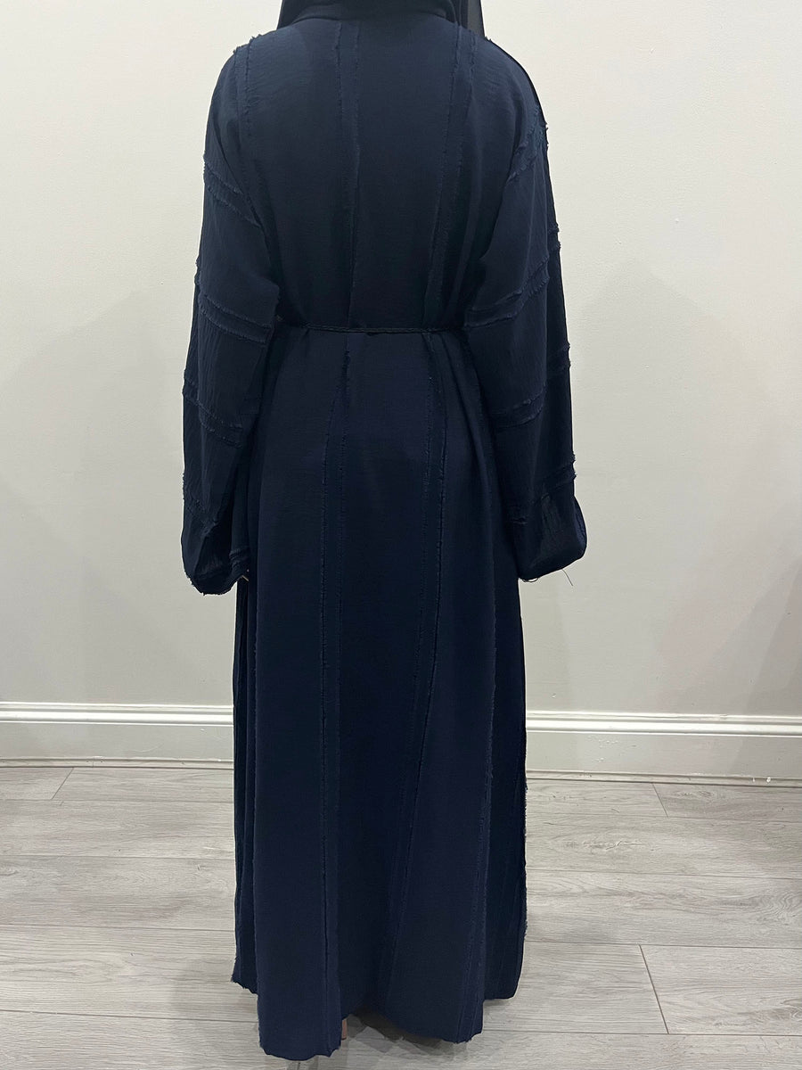 Navy open abaya detail showing the crepe fabric