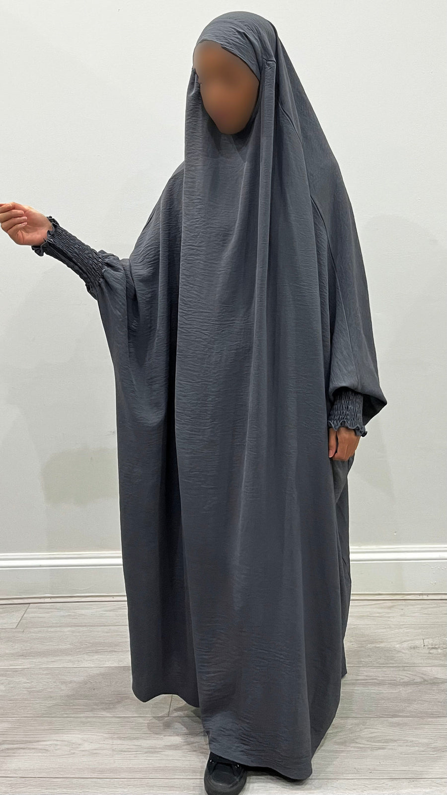 Dark grey full jilbab showing its soft crepe drape and full-length coverage