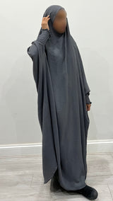 Dark grey one-piece overhead full jilbab with ruched cuffs, front view