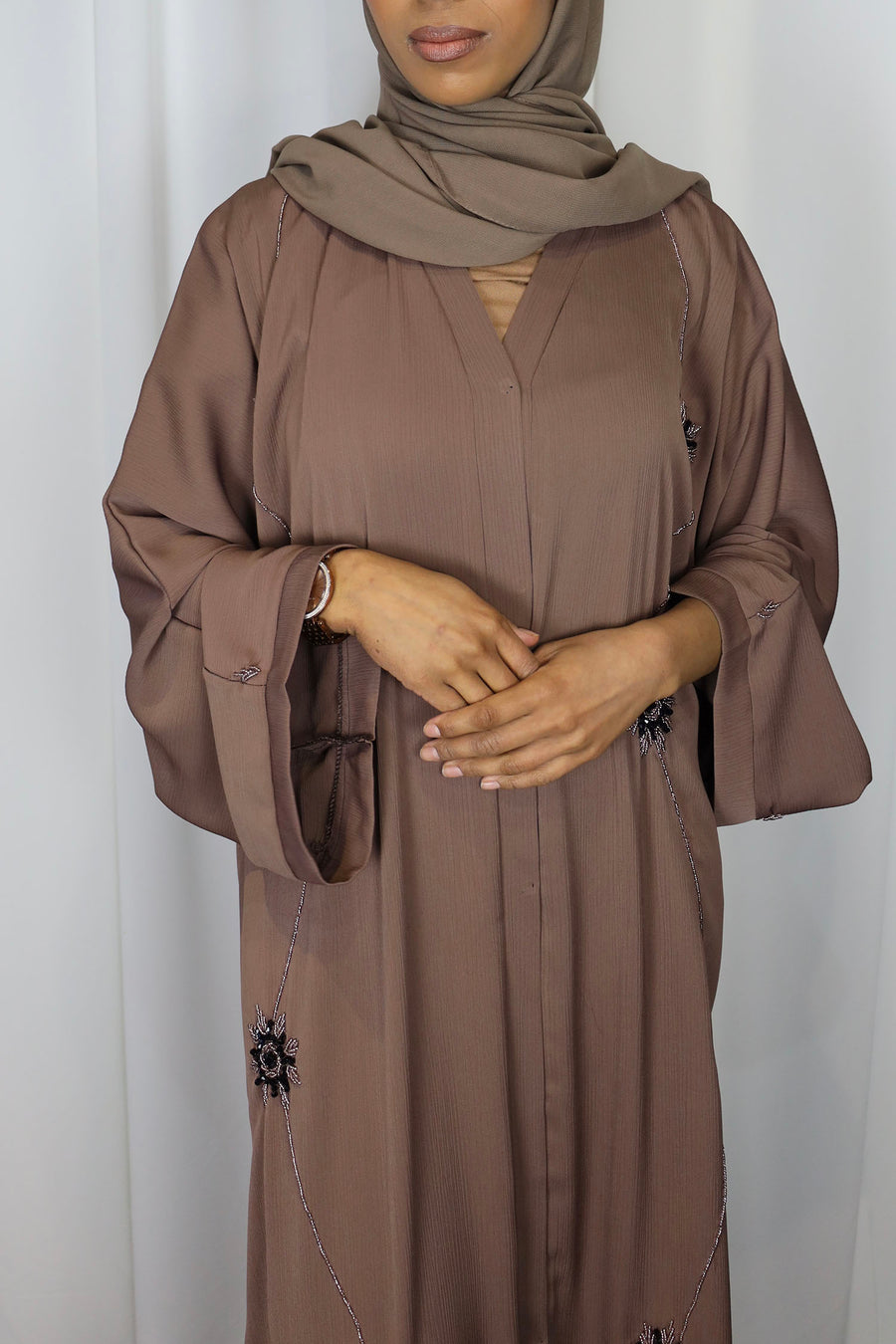 Orchid smoke embellished open abaya with matching hijab