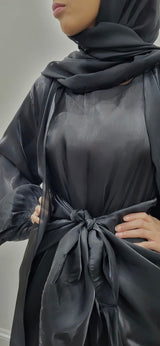 Black organza silk three-piece open abaya with embellishment, inner slip dress and hijab, front view
