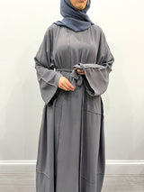 Amani's pigeon gray two-piece open abaya front view