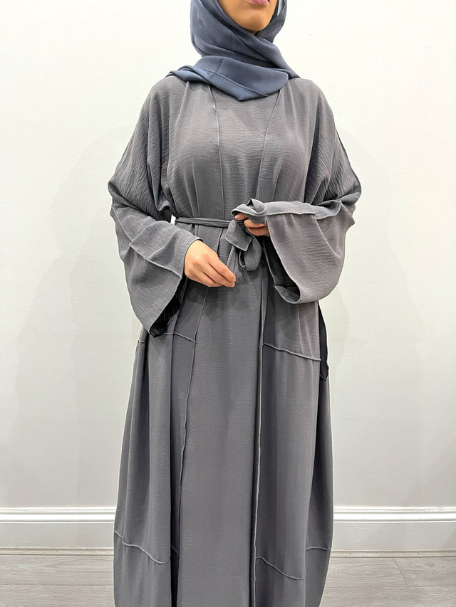 Amani's pigeon gray two-piece open abaya front view