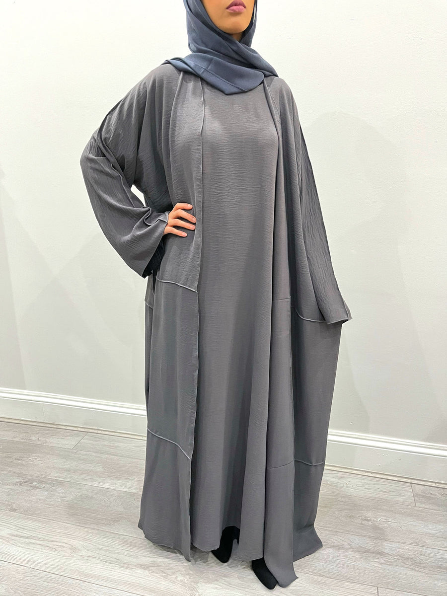 Pigeon grey open abaya set with matching hijab and belt
