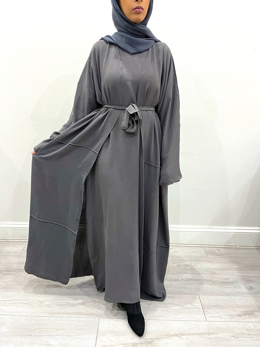 Pigeon grey two-piece abaya set belt detail