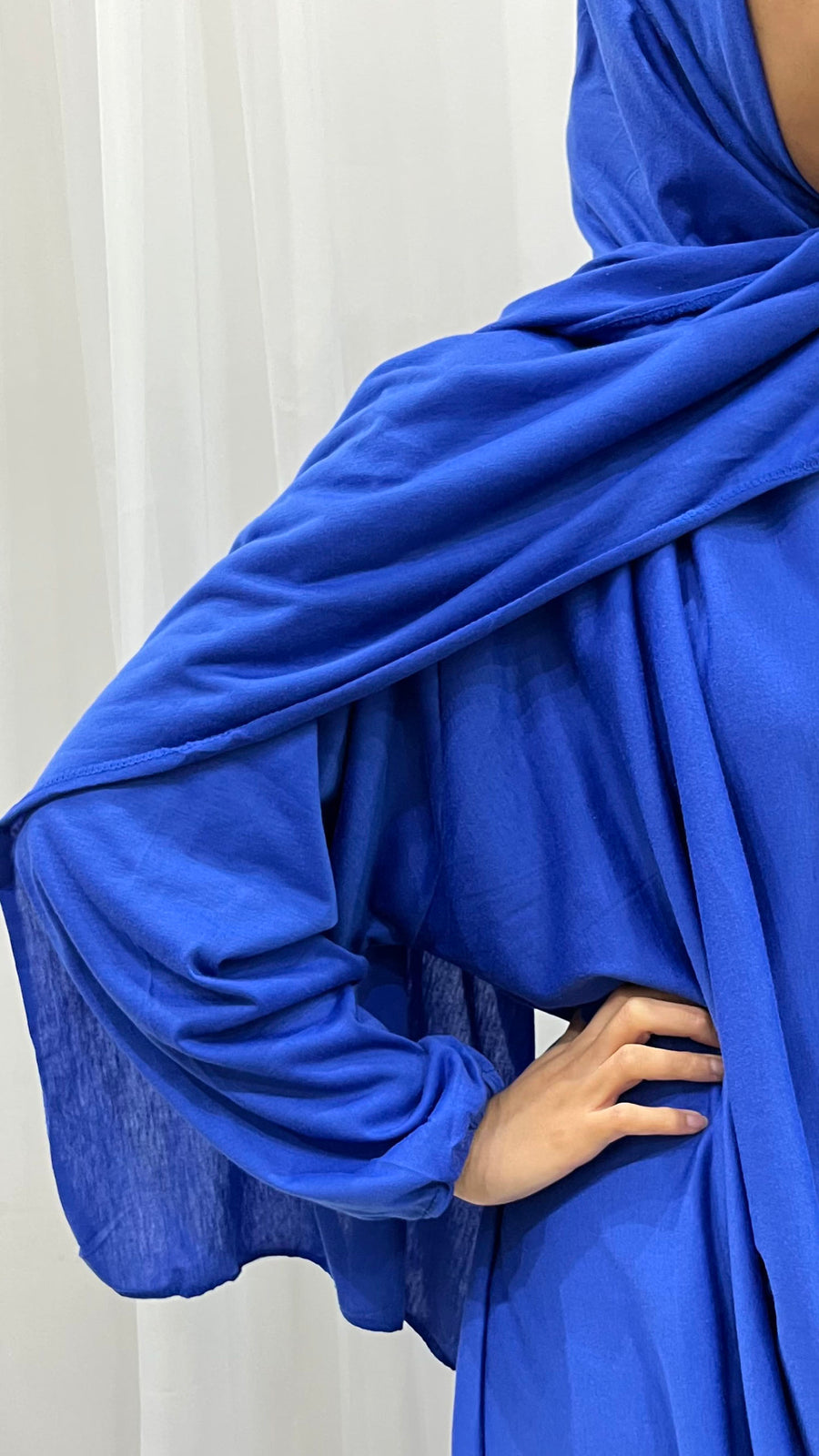 Azure blue cotton stretch prayer dress showing the attached wrap-around hijab