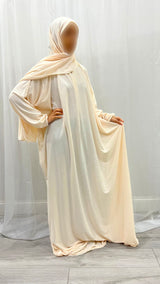 Cream cotton stretch prayer dress with attached hijab, front view