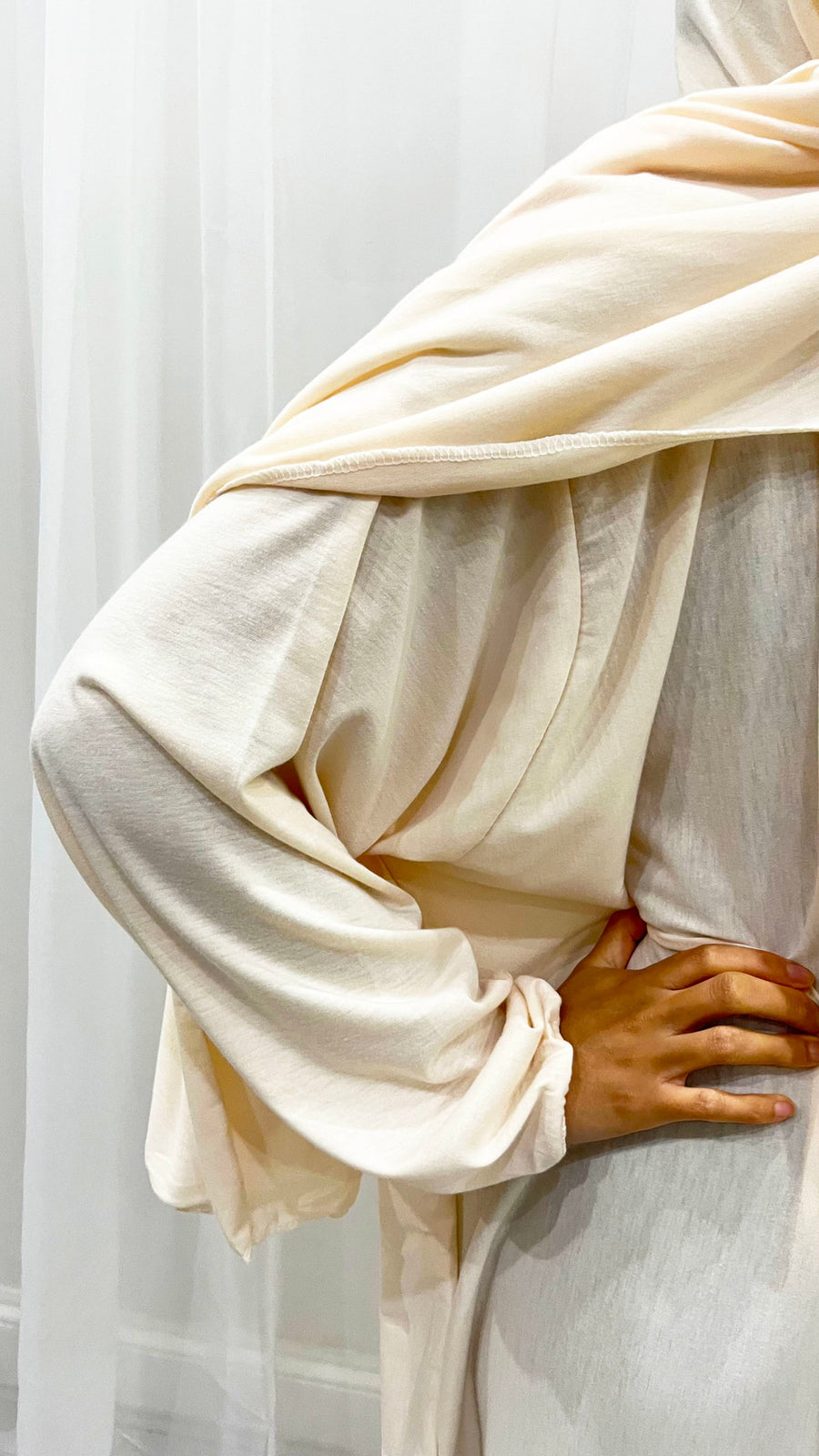 Cream cotton stretch prayer dress showing the attached wrap-around hijab