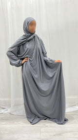 Grey cotton stretch prayer dress with attached hijab, front view