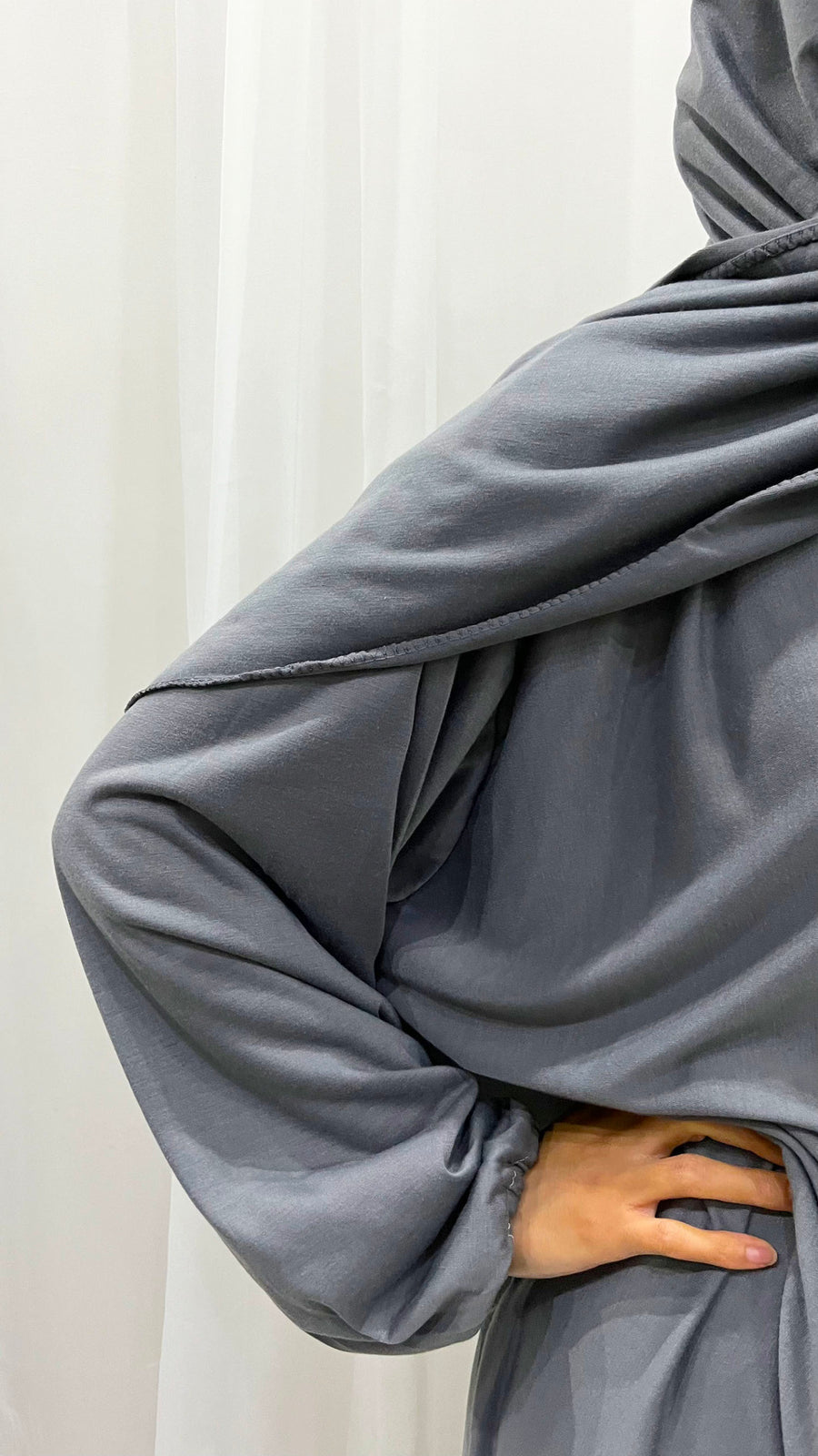 Grey cotton stretch prayer dress showing the attached wrap-around hijab