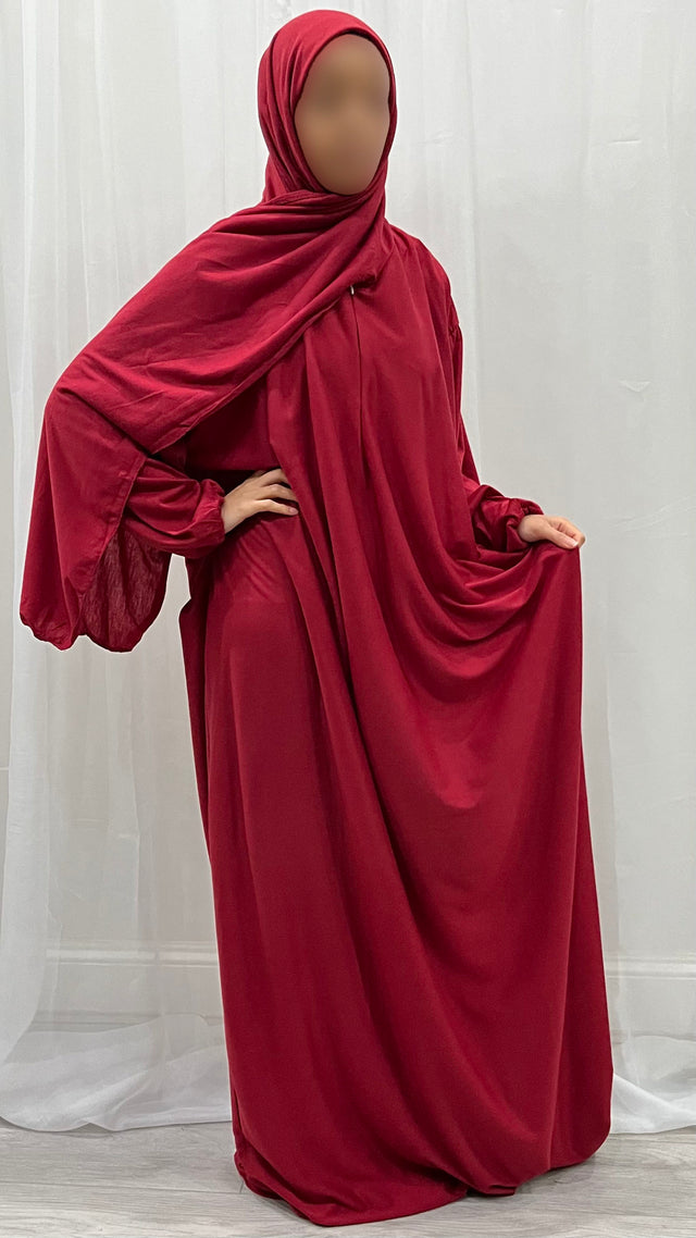 Red cotton stretch prayer dress with attached hijab, front view