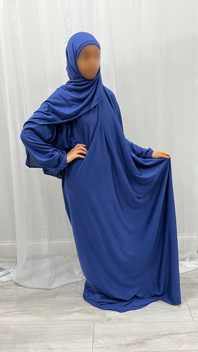 Royal blue cotton stretch prayer dress with attached hijab, front view