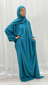 Teal blue cotton stretch prayer dress with attached hijab, front view