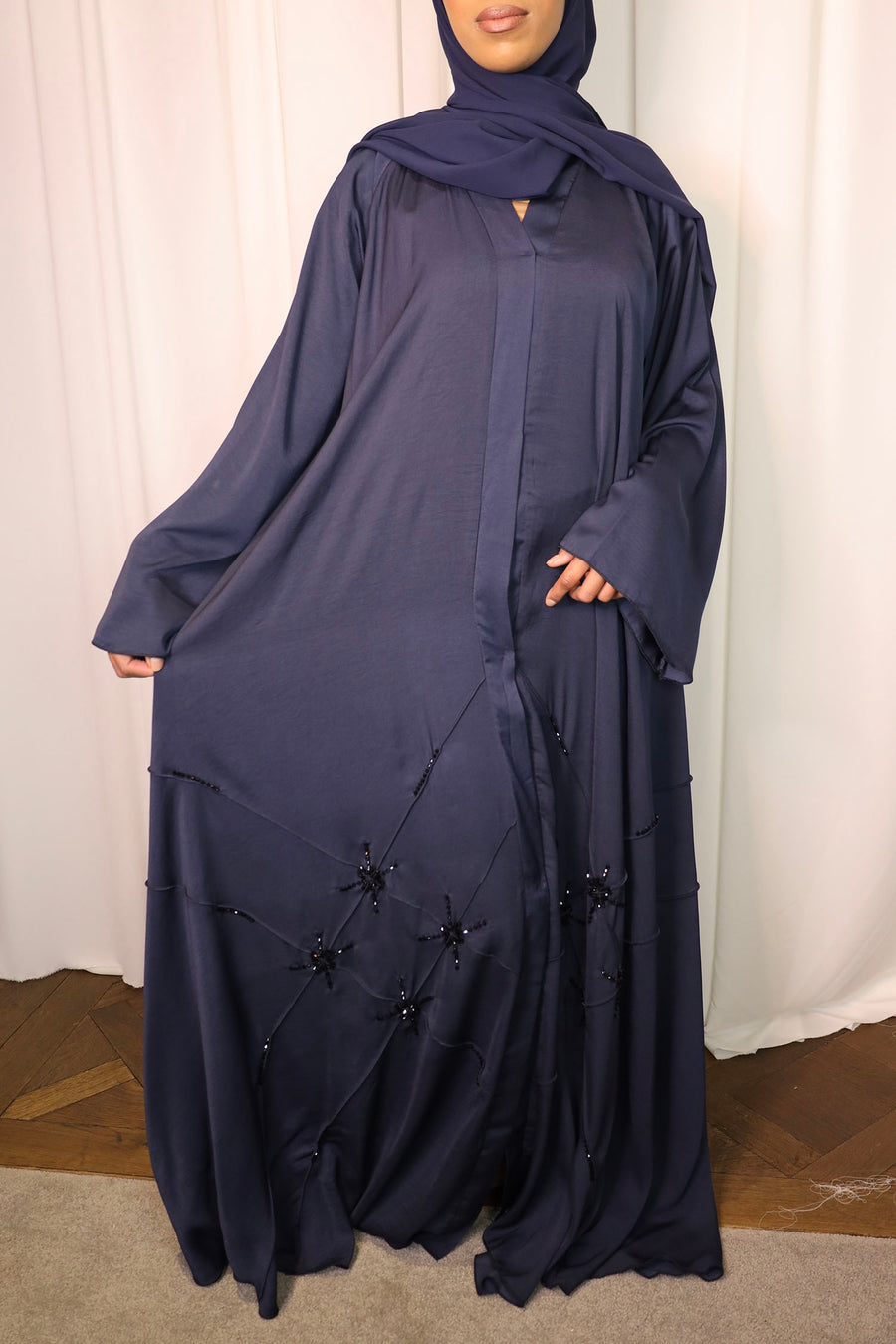 Royal navy umbrella-cut embellished abaya with matching hijab