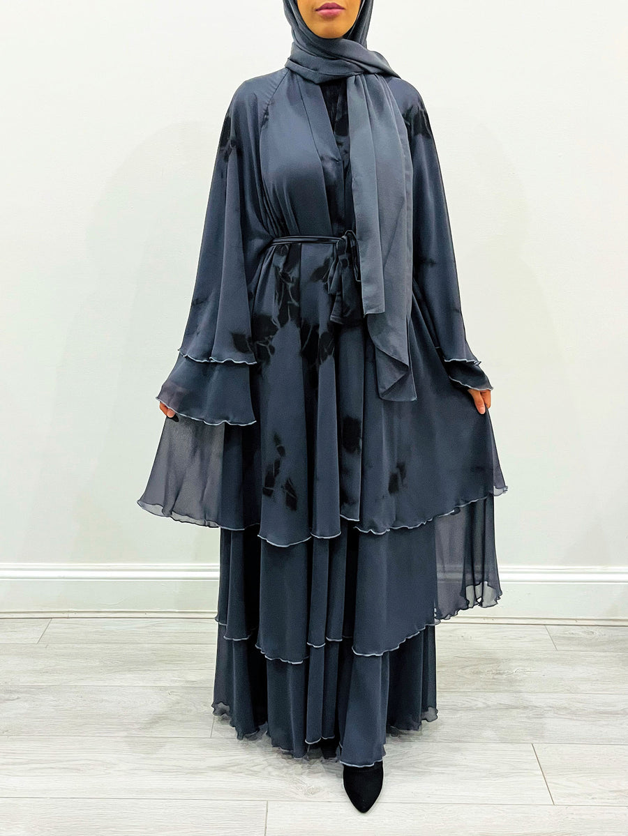 Slate gray tie-dye abaya shown with its matching hijab and belt