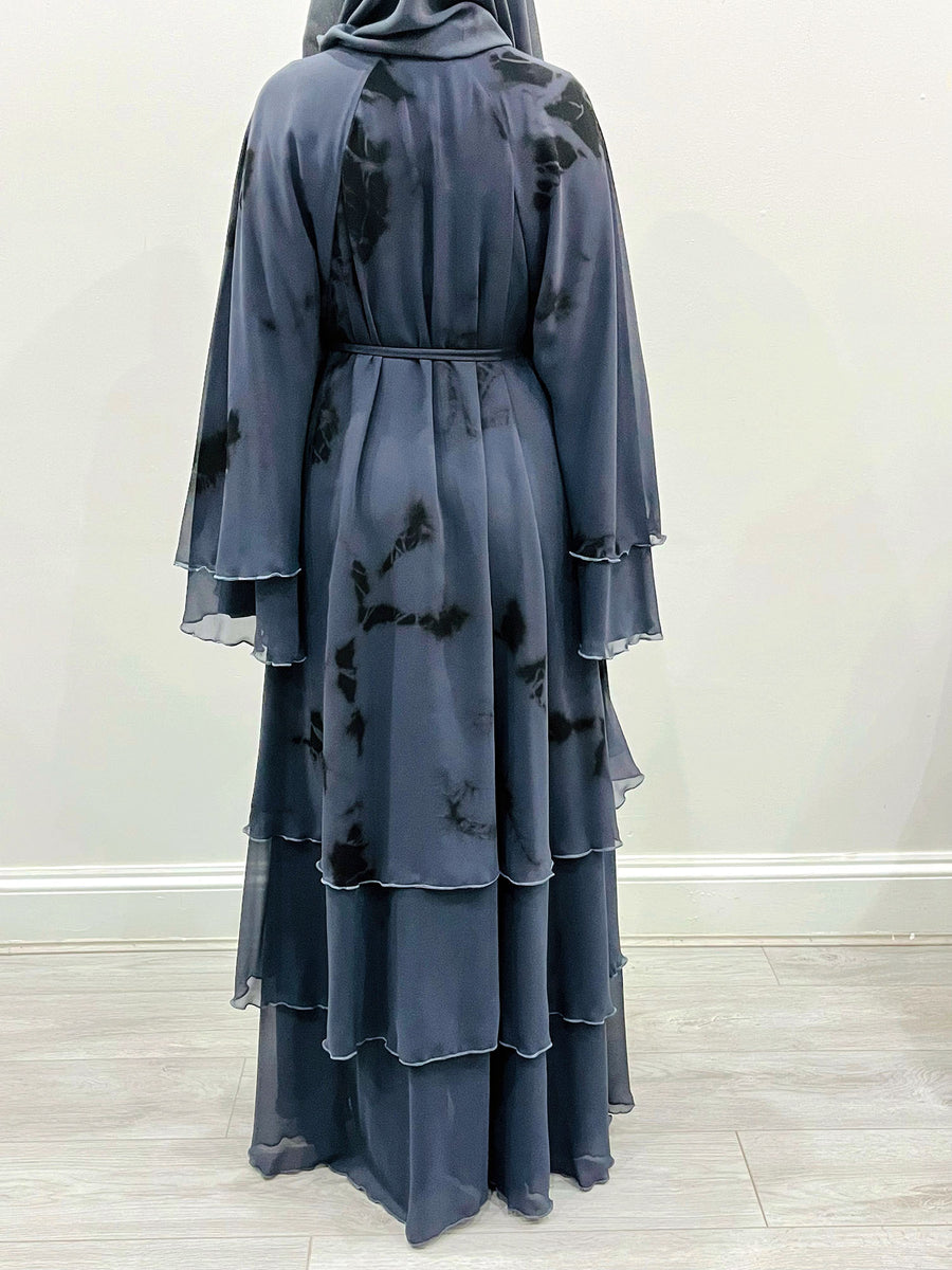 Slate gray tie-dye abaya showing the blended tones and layered drape