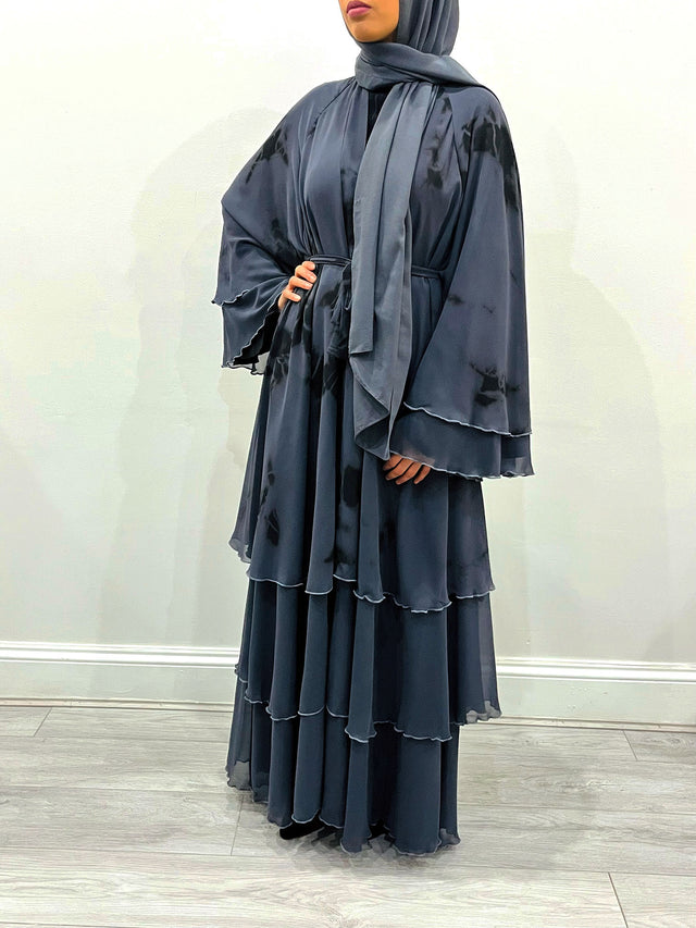 Slate gray tie-dye layered open abaya, front view