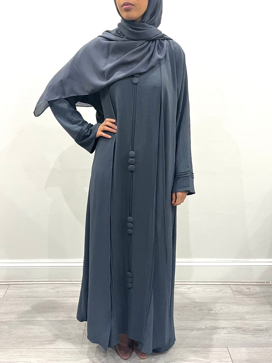 Slate gray two-piece abaya shown with its matching hijab