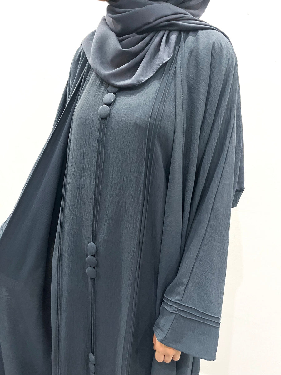 Slate gray two-piece open abaya, front view