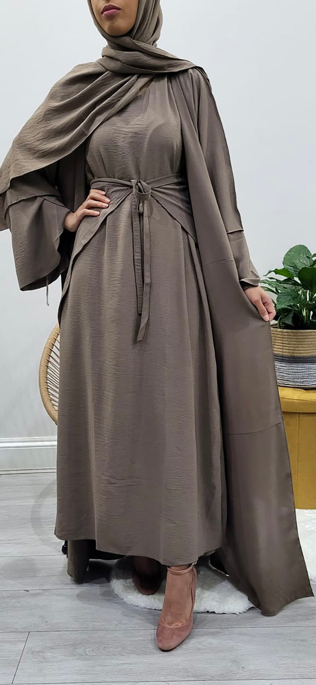Dark taupe three-piece open abaya set, front view