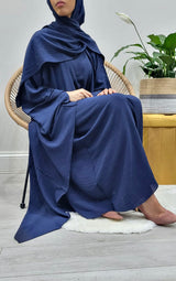 Navy blue three-piece open abaya set, front view