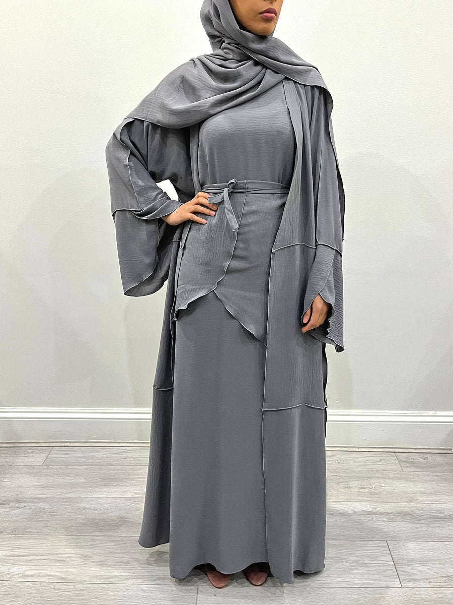 Slate gray open abaya layered over the matching slip dress