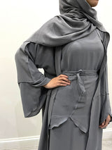 Slate gray three-piece open abaya set with slip dress and hijab, front view