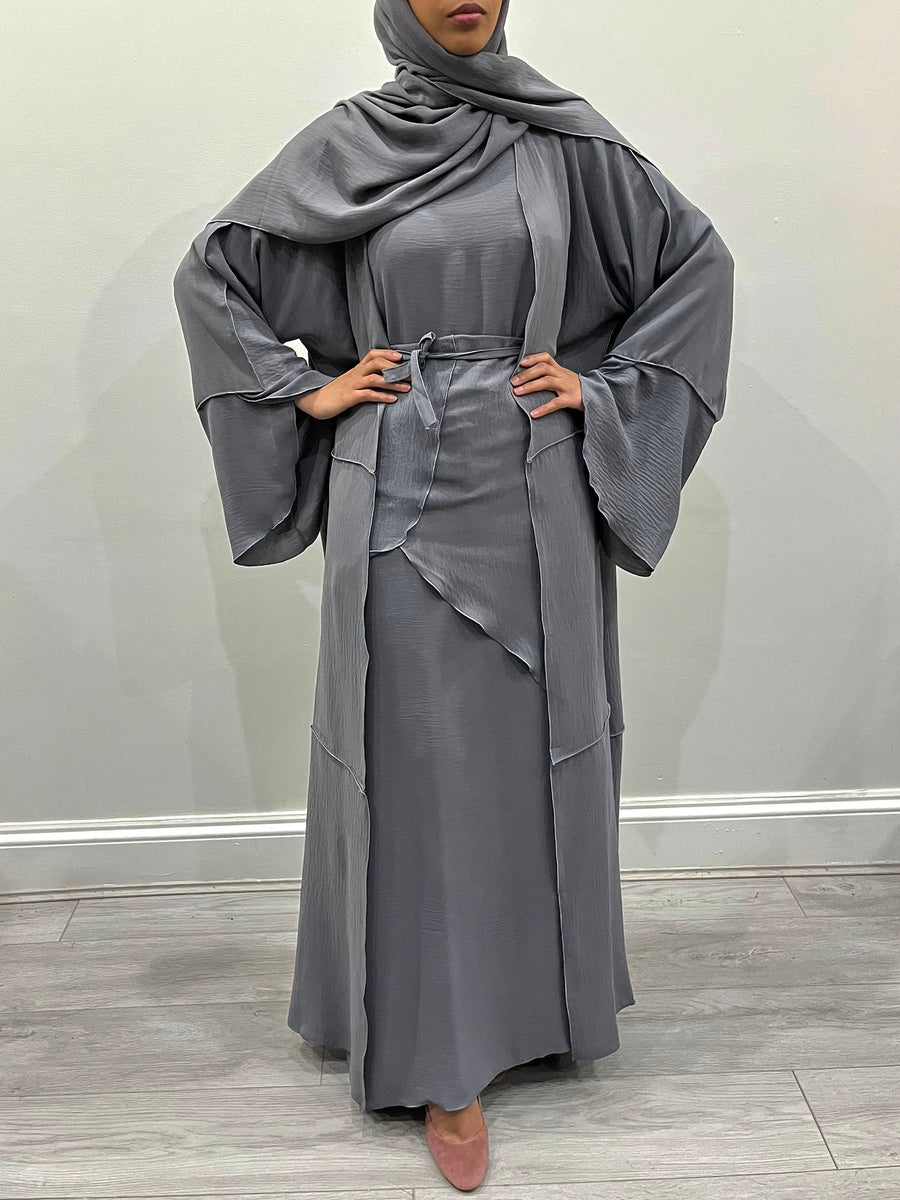 Full-length view of the slate gray three-piece open abaya set