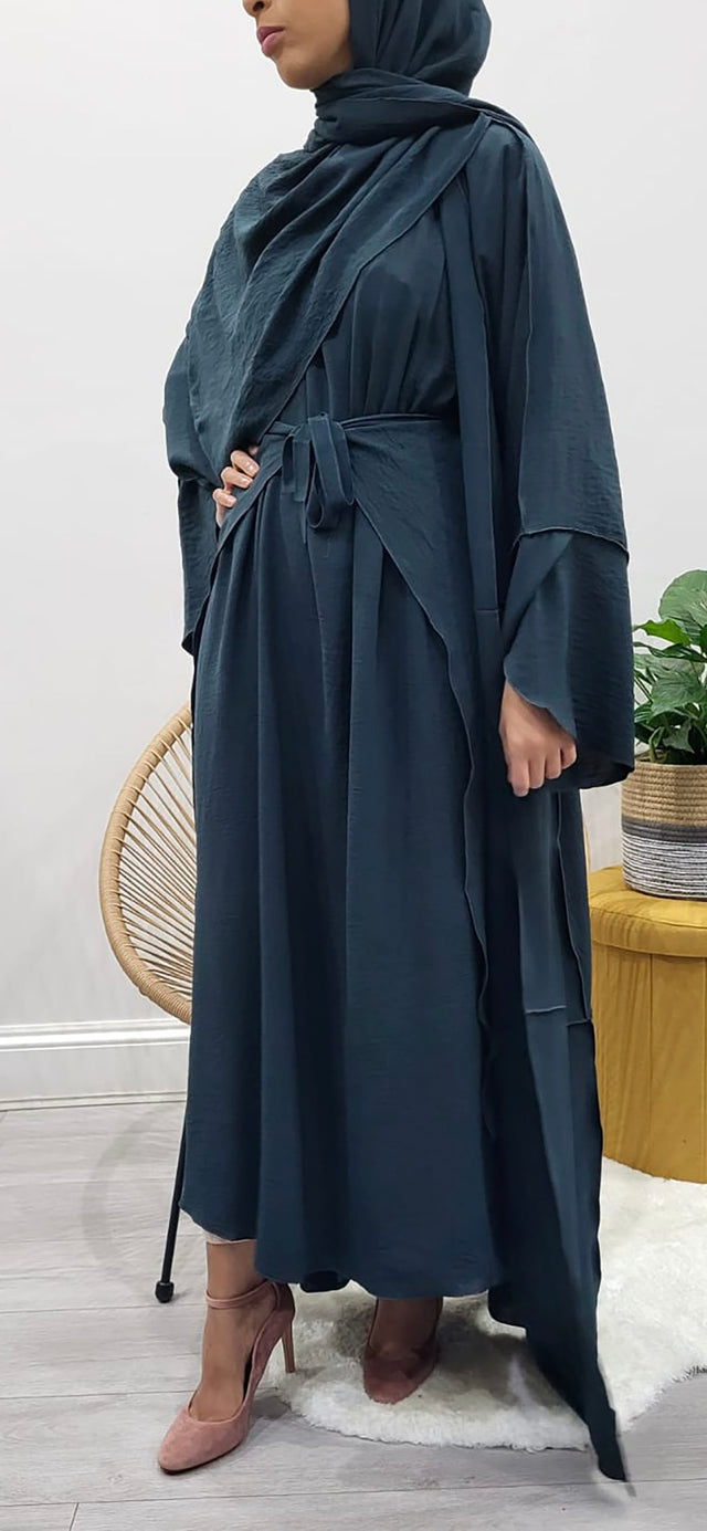 Teal three-piece open abaya set, front view