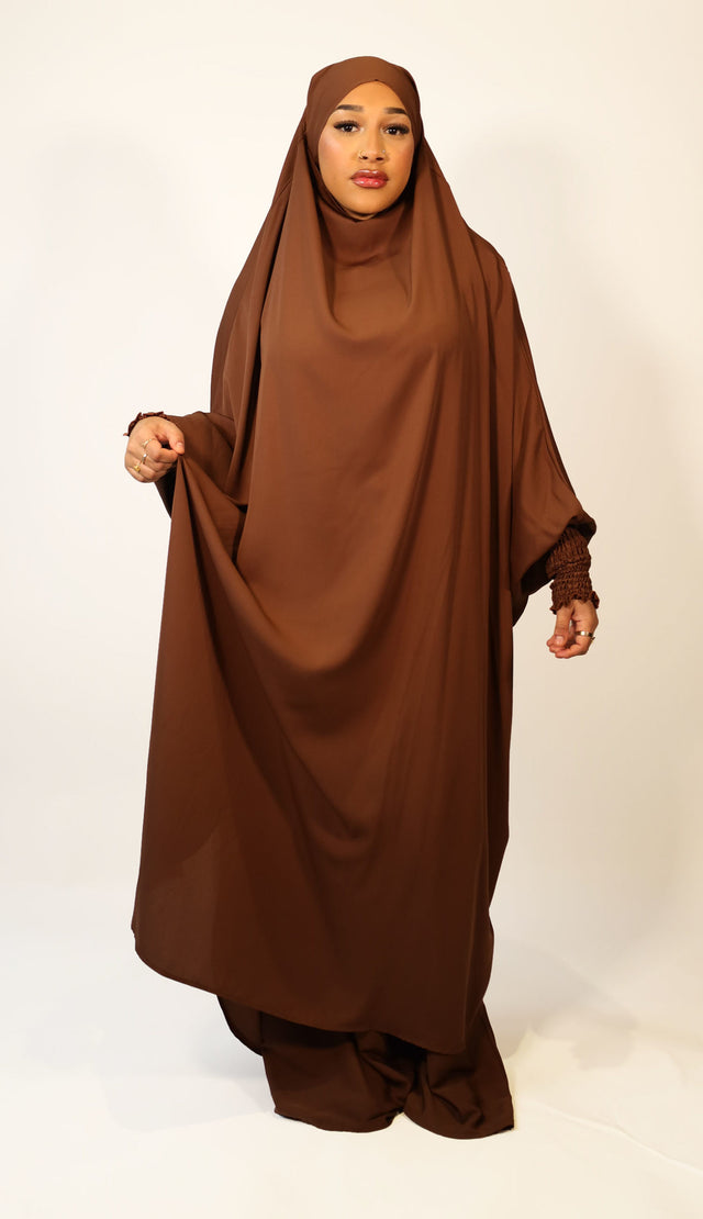 Chocolate two-piece ruched cuffs jilbab set with overhead top and elasticated skirt, front view