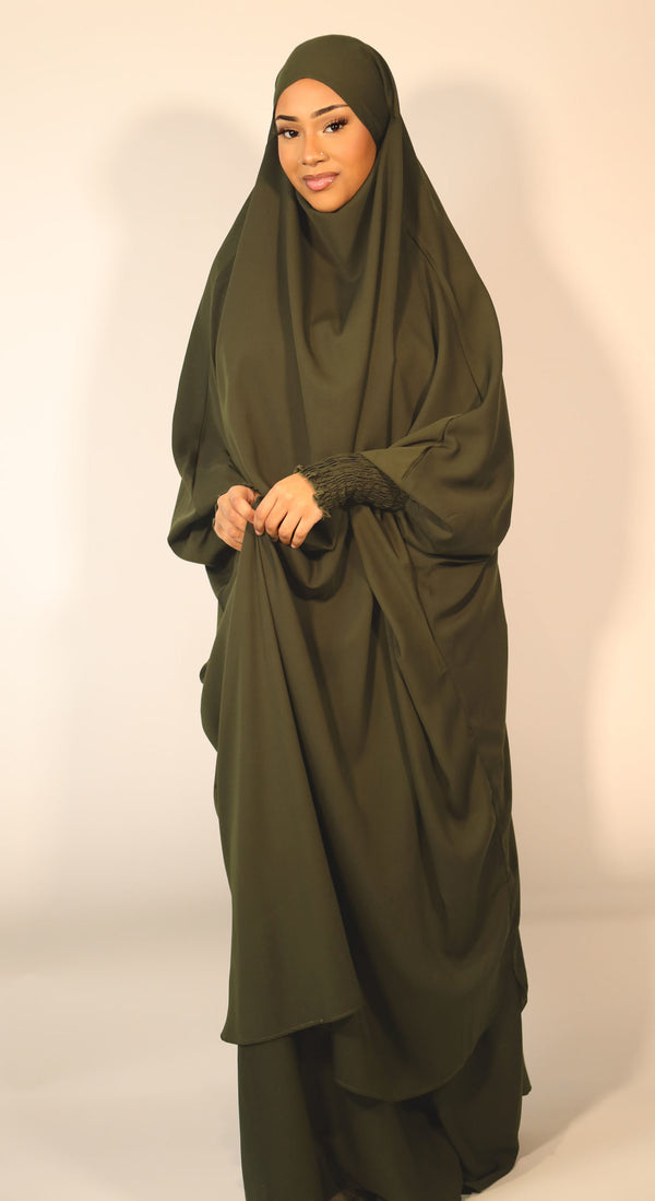 Dark green two-piece ruched cuffs jilbab set with overhead top and elasticated skirt, front view