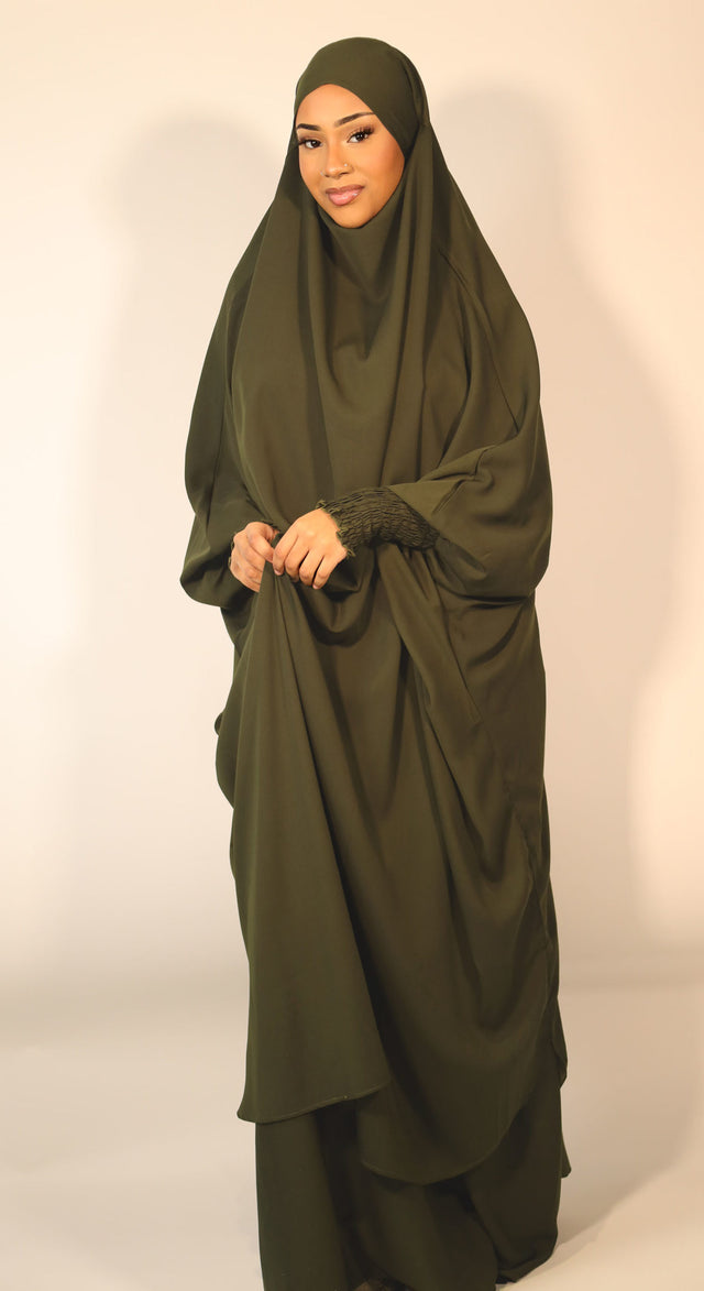 Dark green two-piece ruched cuffs jilbab set with overhead top and elasticated skirt, front view