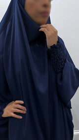 Navy blue two-piece ruched cuffs jilbab set with overhead top and elasticated skirt, front view