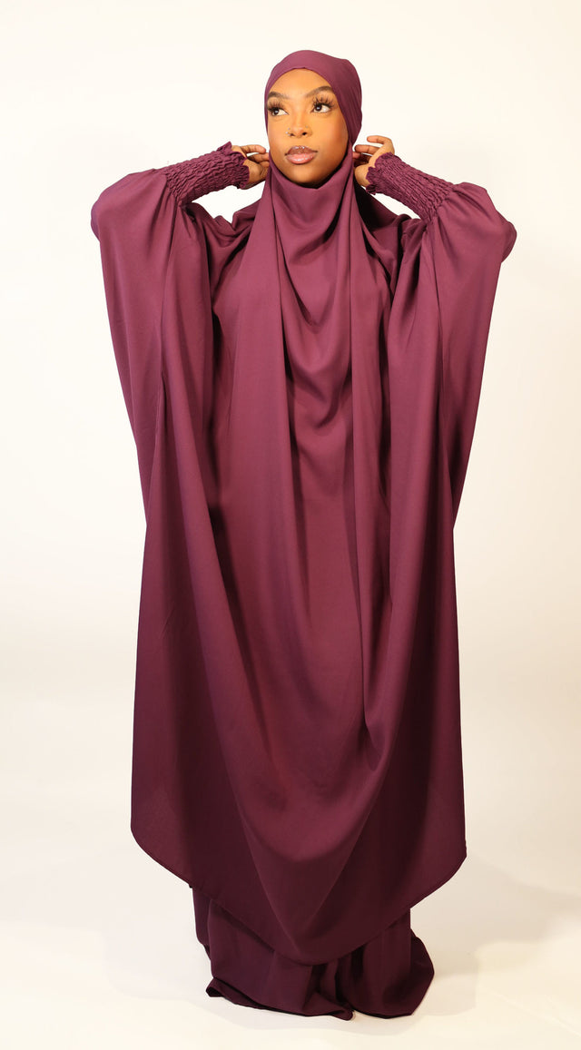 Plum two-piece ruched cuffs jilbab set with overhead top and elasticated skirt, front view