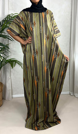 Olive aztec print cotton baati maxi dress, full-length front view