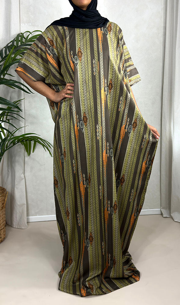 Olive aztec print cotton baati maxi dress, full-length front view