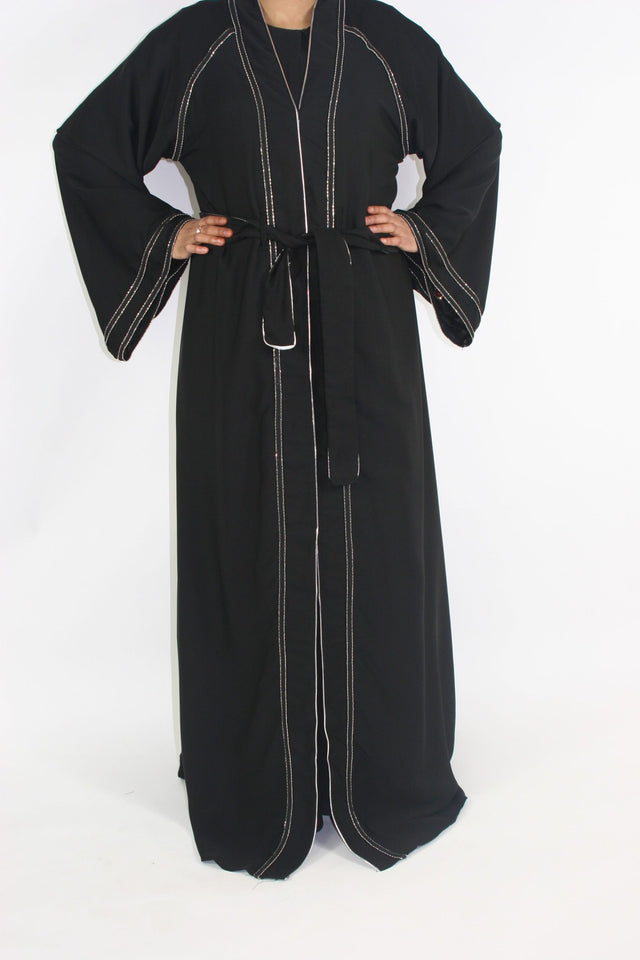 Open abaya with silver-lined borders and bell sleeves, front view