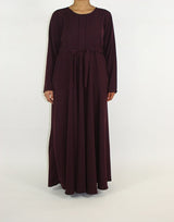 A-line pleated long-sleeve maxi dress with tie belt, front view