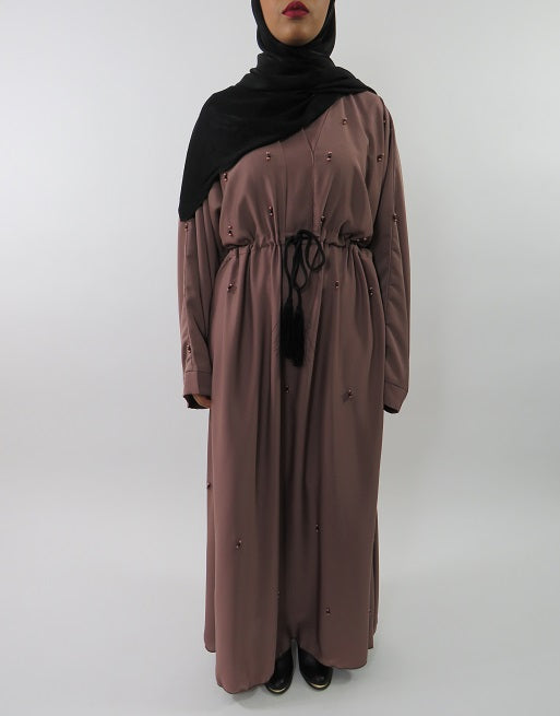 Embellished beaded abaya with V-neck and crossover panel, front view