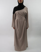 Beige wrap-around maxi jacket with V wrap front, front view