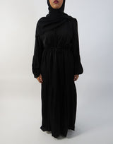 Black half-pleated open abaya, front view