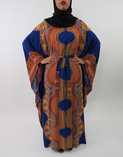Blue cotton kaftan maxi dress with self-tie belt, side view
