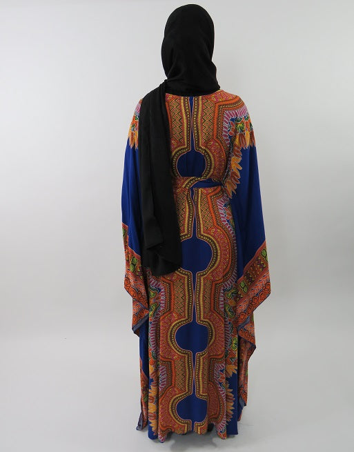 African-inspired print detail on the blue cotton kaftan dress
