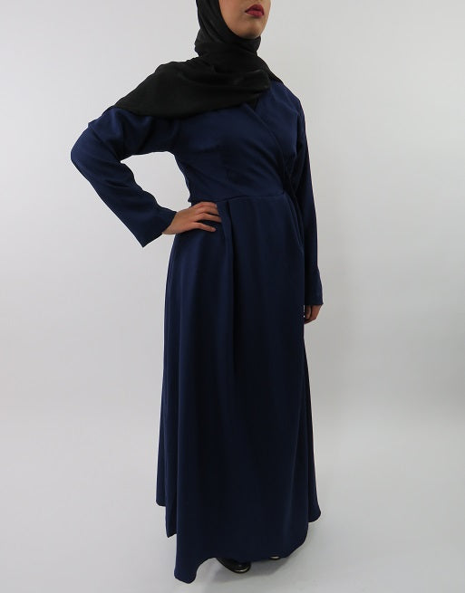Blue wrap maxi jacket showing wide sleeves